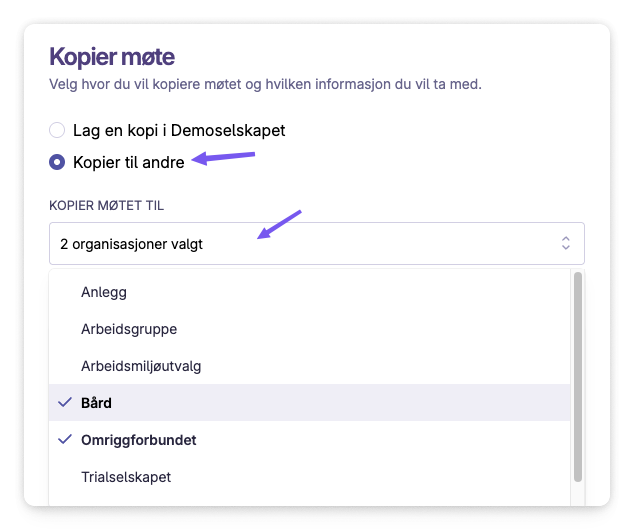 Valg for kopiering av møte til flere organisasjoner med avkryssing