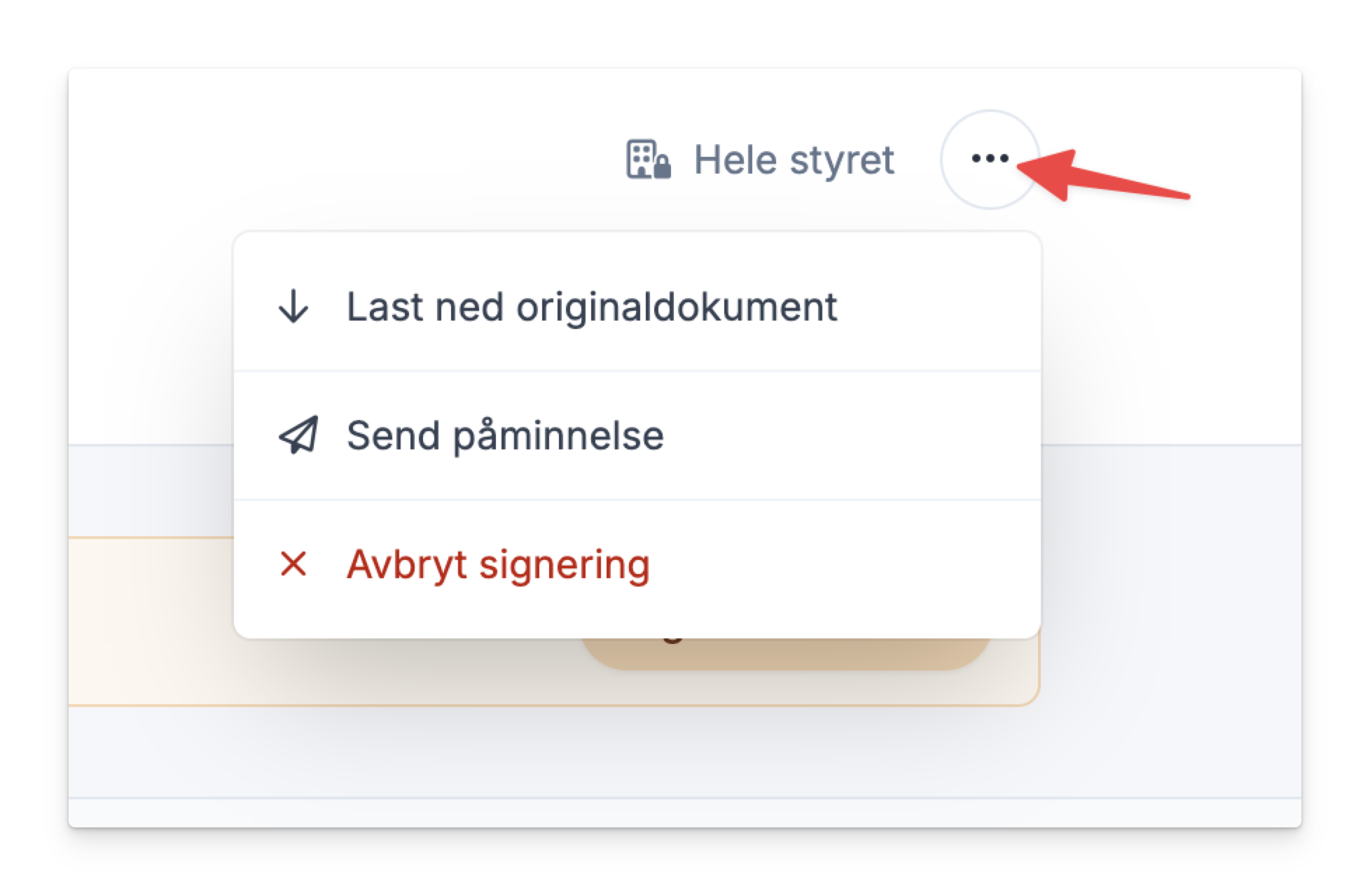 Meny med valg for å laste ned, sende påminnelse eller avbryte signering