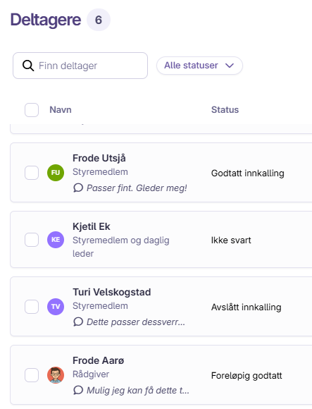 Skjermbilde: Sjekke status på deltagerne