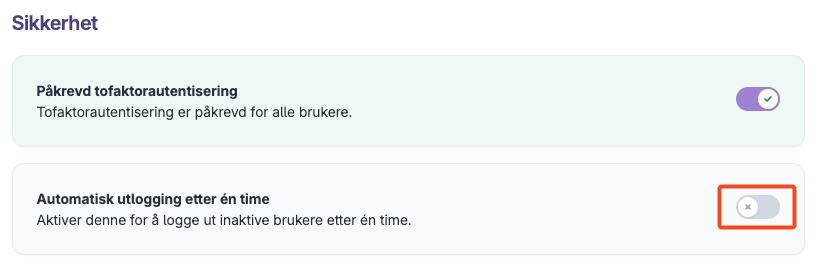 Innstilling for automatisk utlogging etter én time inaktivitet slått av