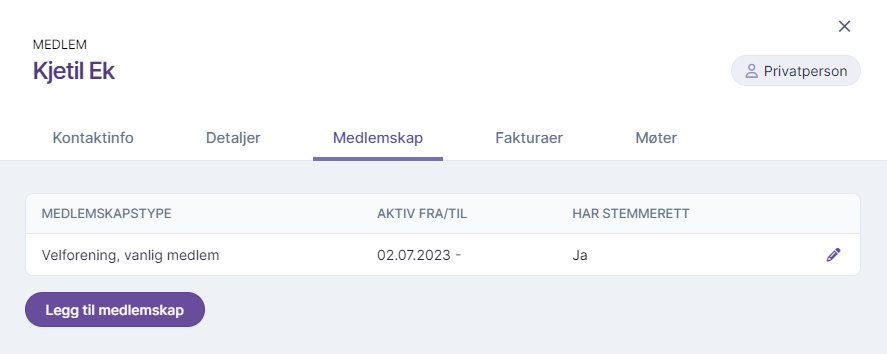 Medlemskapstype Velforening med stemmerett og aktiv datoperiode