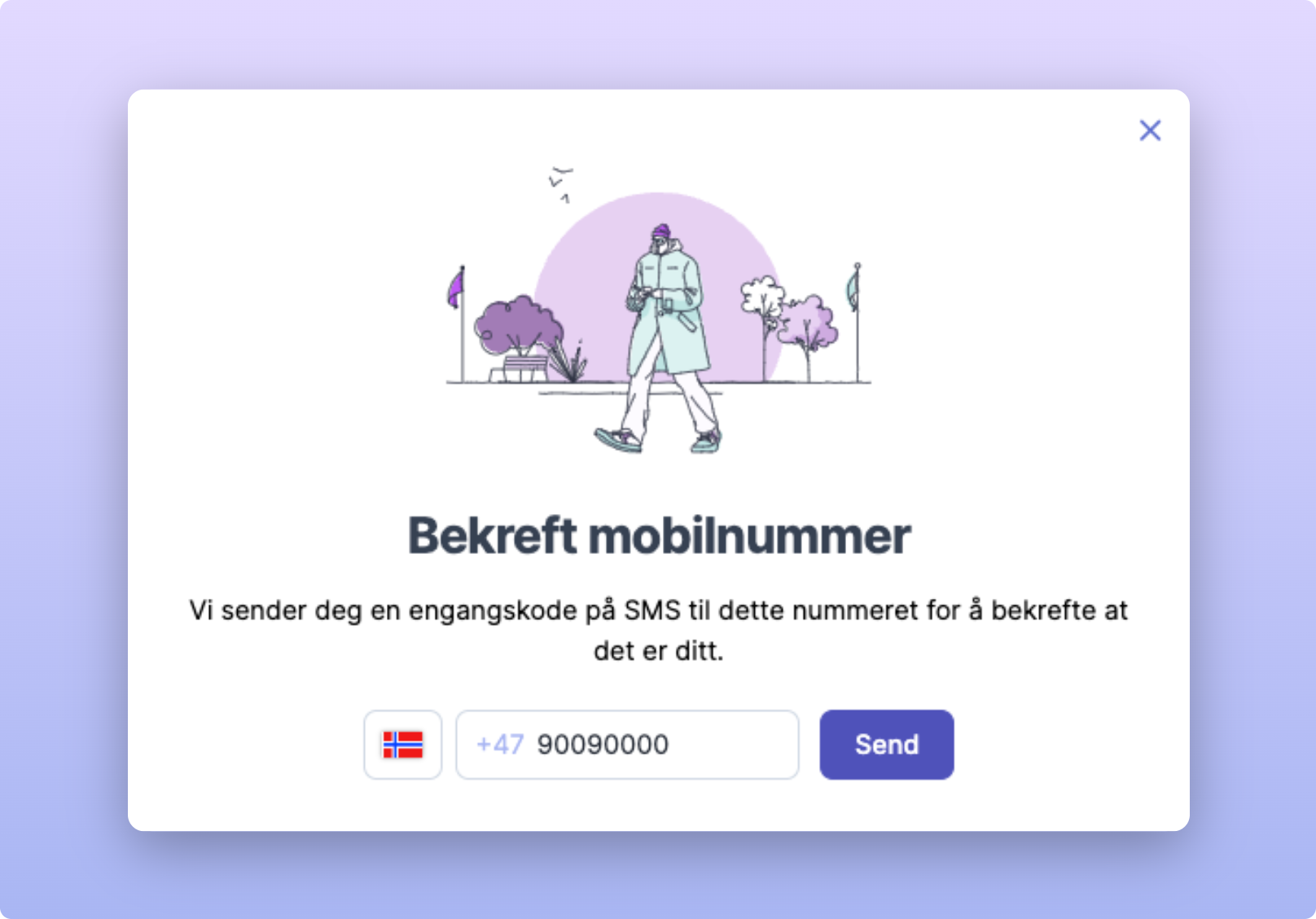 Bekreft mobilnummer med norsk landskode og send engangskode på SMS