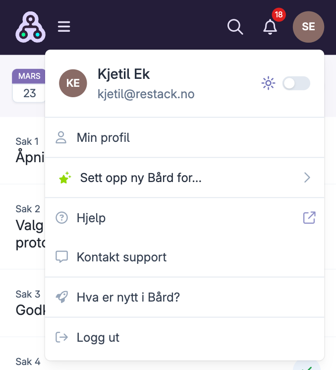 Brukermeny med valg for profil, hjelp, support og logg ut knapp aktiv