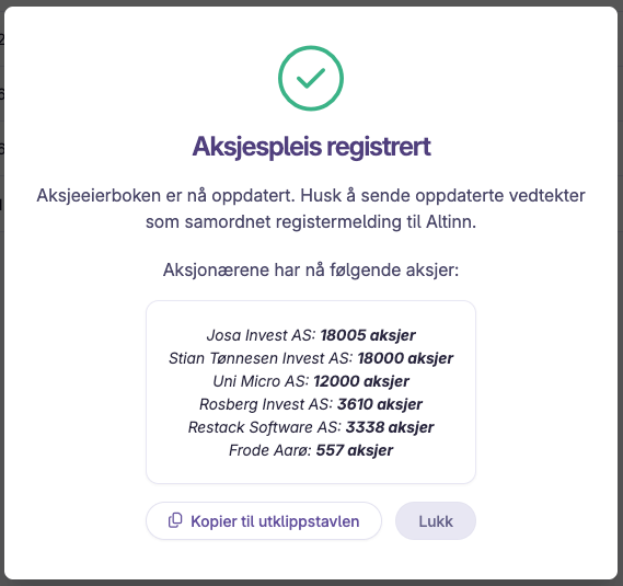 Oppdatert aksjeeierbok med antall aksjer per aksjonær etter aksjespleis