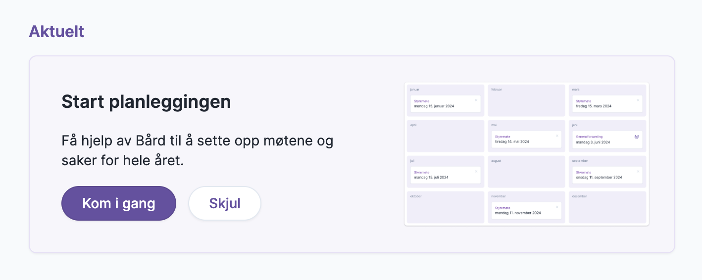 Dashboard med knapp for å starte møteplanlegging og månedskalender for møter