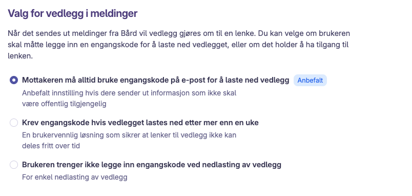 Valg for krav til engangskode ved nedlasting av e-postvedlegg