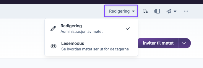 Menyvalg for redigering og lesemodus i møteverktøy med invitasjonsknapp
