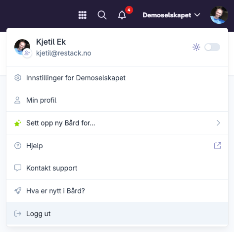 Brukermeny med profilvalg, hjelp, support og utloggingsknapp