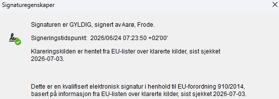 Signaturpanel i Adobe Acrobat som bekrefter gyldig signatur og sertifikatstatus for et BankID-signert dokument