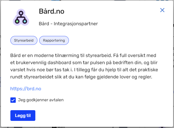 Godta avtale for Bård integrasjon til Tripletex og trykk Legg til knapp