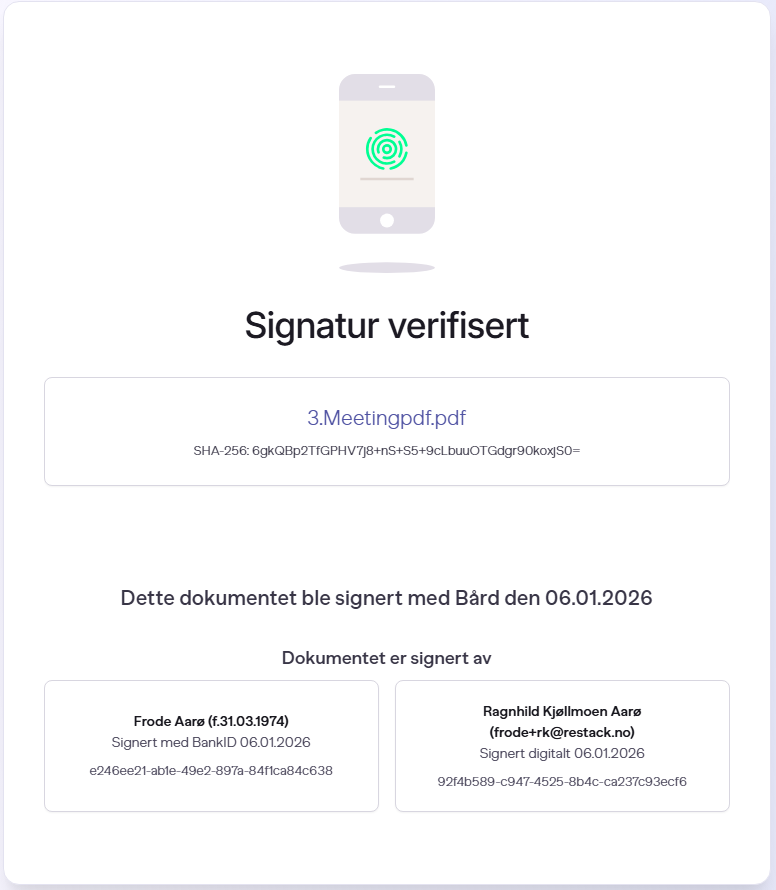 Verifiseringsside som bekrefter at det signerte dokumentet er gyldig med oversikt over hvem som har signert