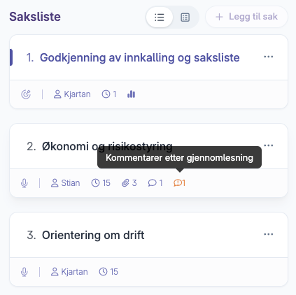 Saksliste med kommentarer markert på sak to for behandling