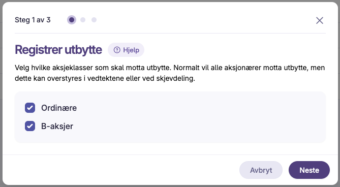 Skjermbilde 2: Registrere utbytte i aksjeeierboken