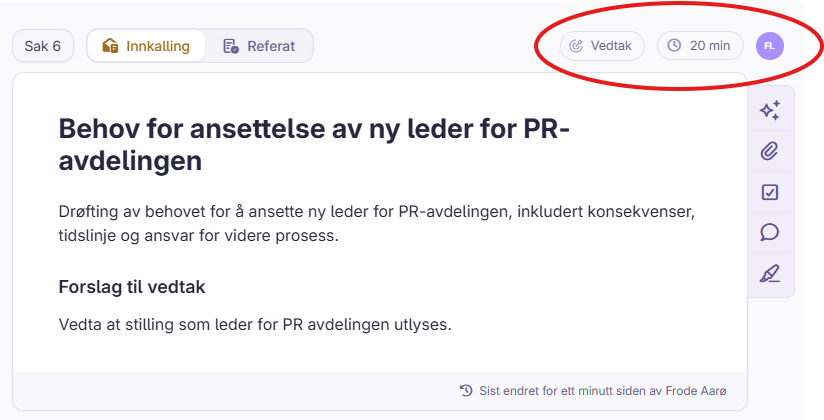 Sak åpnet i møte med sakstekst, valg for sakstype og meny for flere handlinger