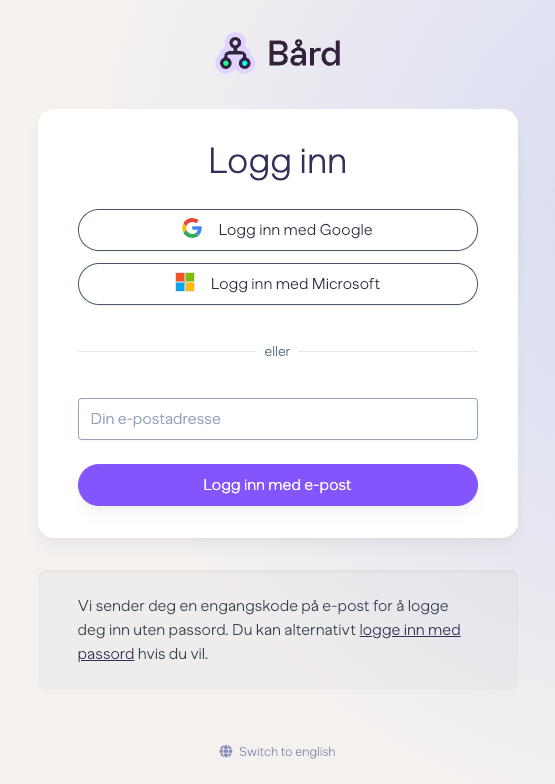 Innloggingsside med knapp for Google, Microsoft og e-postadresse