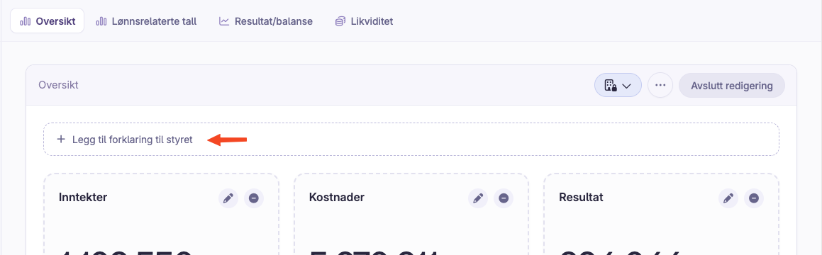 Skjermbilde 1: Forklaring til dashboard og nøkkeltall