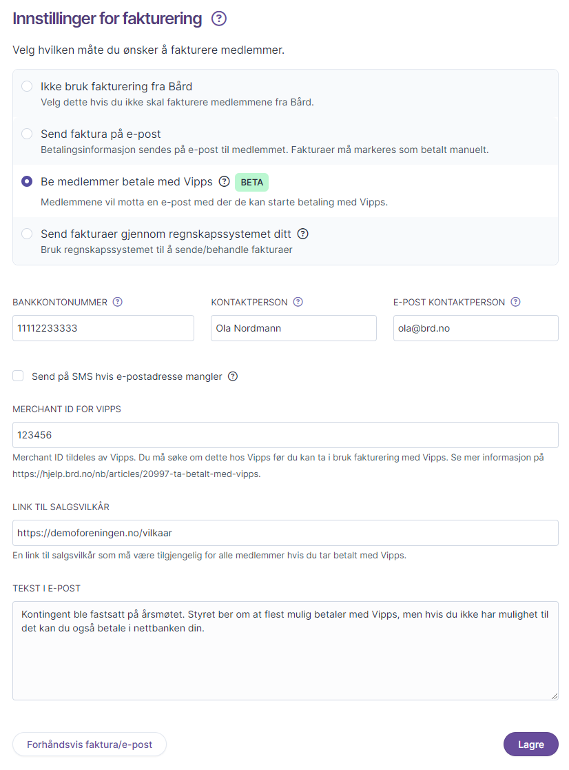 Innstillinger for fakturering med Vipps valgt bankkonto kontaktperson Merchant
