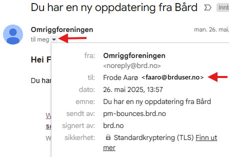 E-post fra Omriggforeningen til Frode Aarø med detaljer og kryptering