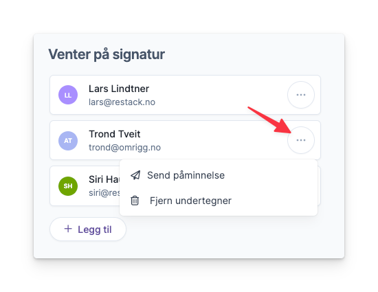 Liste over undertegnere med valg for å sende påminnelse eller fjerne signerere