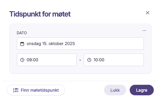 Dialog for valg av møtetidspunkt med dato og klokkeslett i kalenderformat