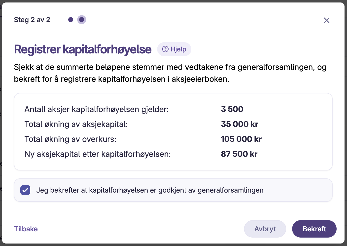 Oppsummering av kapitalforhøyelse med antall aksjer og beløp i kroner