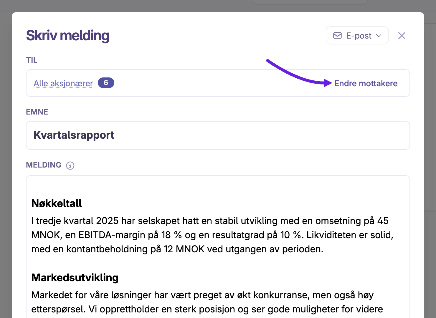 Investoroppdateringen med «Alle aksjonærer» og knappen «Endre mottakere»