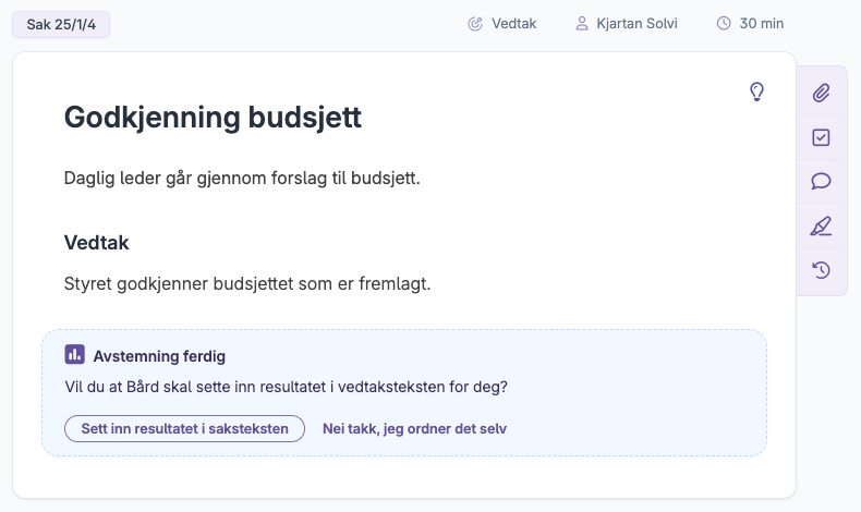 Valg for å sette inn resultater i saksteksten