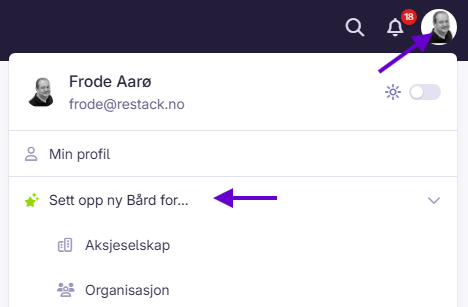 Brukermeny med profilbilde og valg for oppsett av nytt selskap under Bård