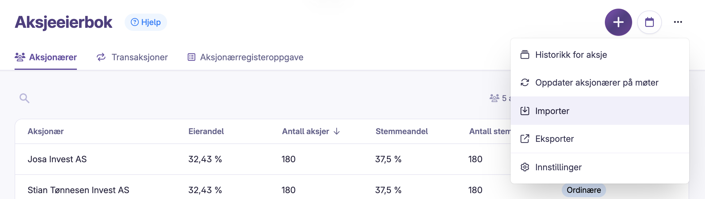 Oversikt over aksjonærer, eierandel, aksjer og menyvalg for import i