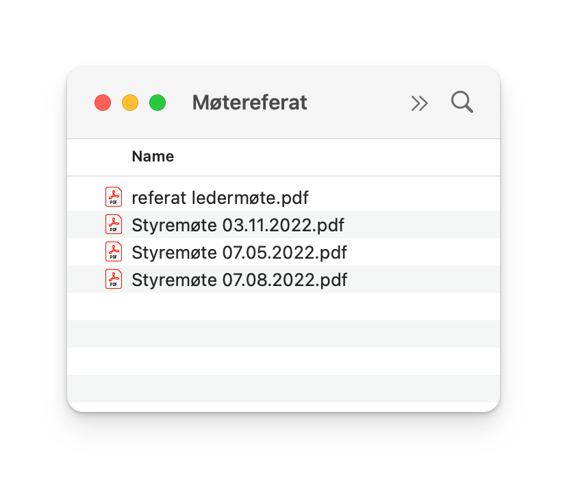 PDF-filer med møtereferater og datoer i filnavn i mappe kalt Møtereferat