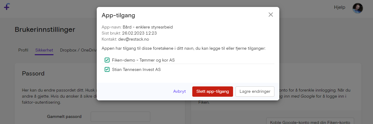 App-tilgang i Fiken med to selskap avkrysset og knapper for lagring eller