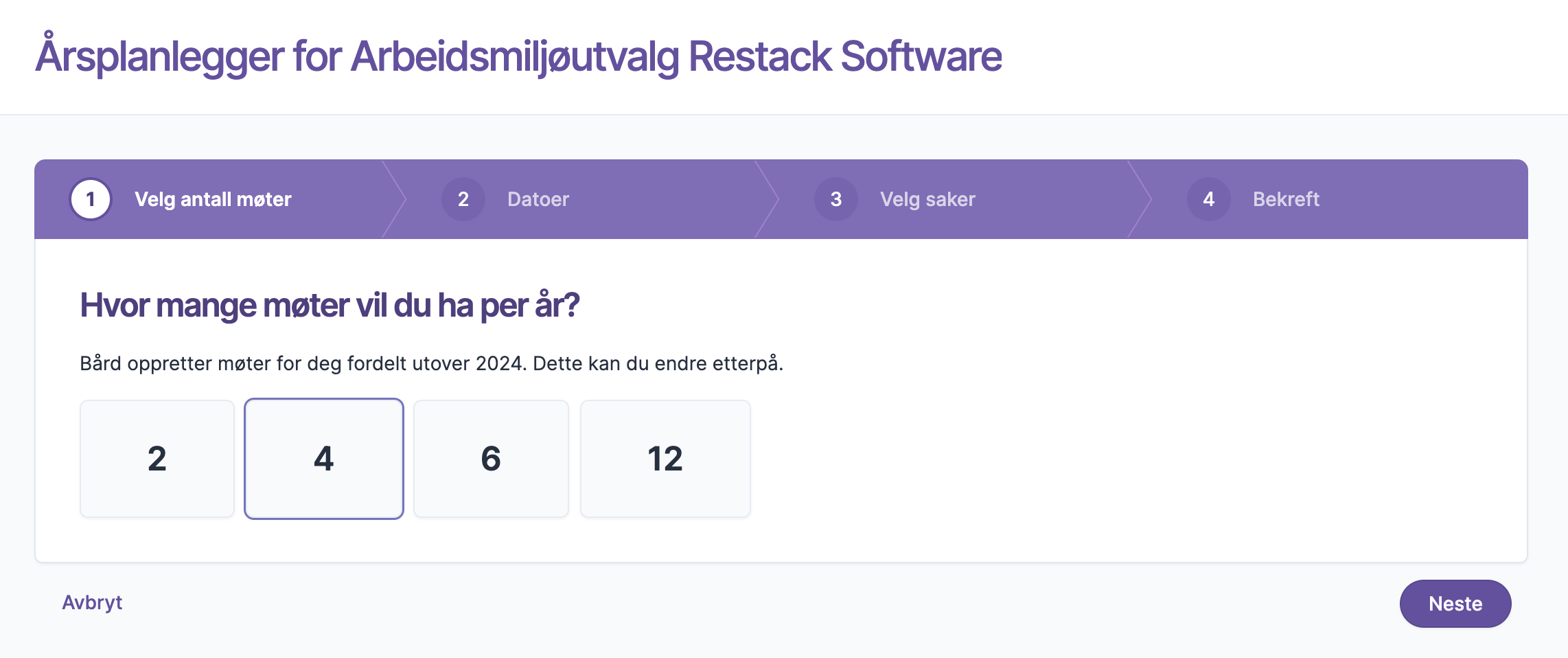 Årsplanlegger med valg av antall møter per år alternativt 2, 4, 6 eller 12 møter