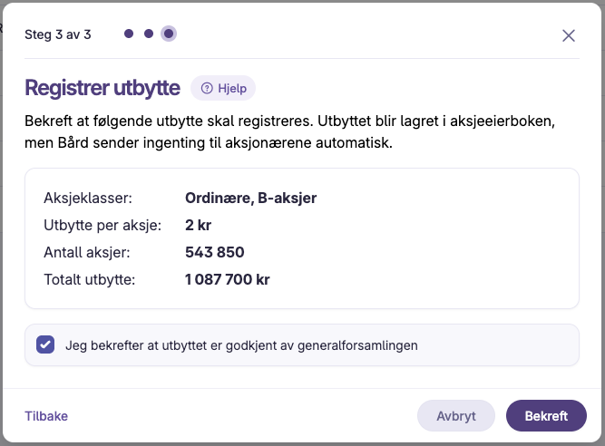 Skjermbilde 4: Registrere utbytte i aksjeeierboken
