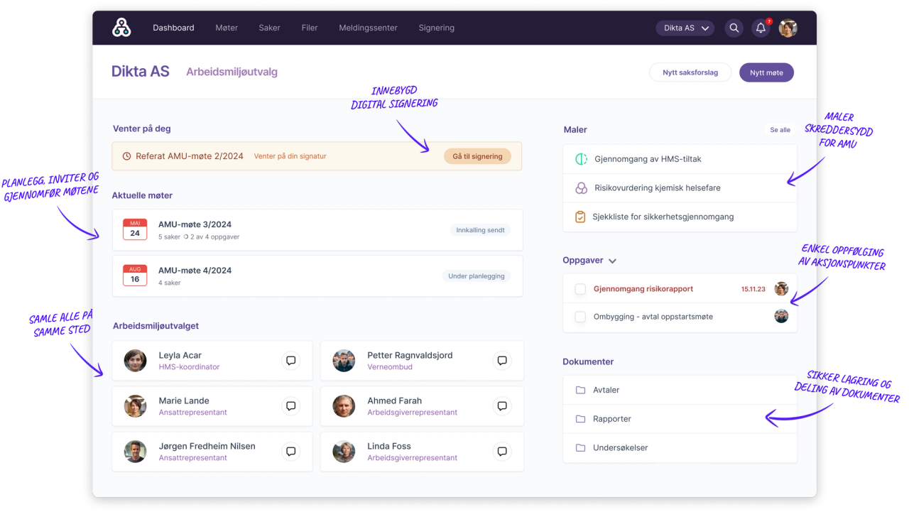 Digital plattform for arbeidsmiljøutvalg med møter, oppgaver, dokumenter og