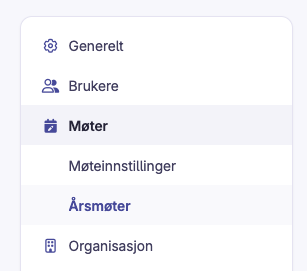 Meny med valg for Generelt, Brukere, Møter og Årsmøter i Bård Innstillinger