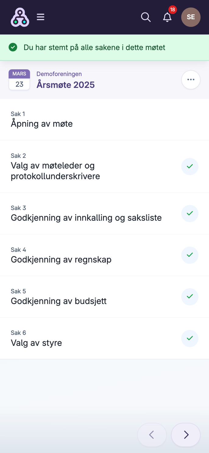 Bekreftelse på stemmegivning for saker i årsmøte med alle avkryssede